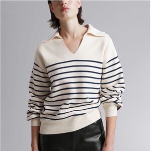 & Other Stories Relaxed Collared Sweater in Beige & Navy Stripe